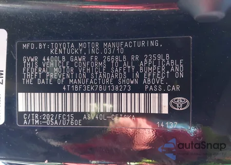 2011 Toyota Camry Se from USA, damaged, VIN 4T1BF3EK7BU138273